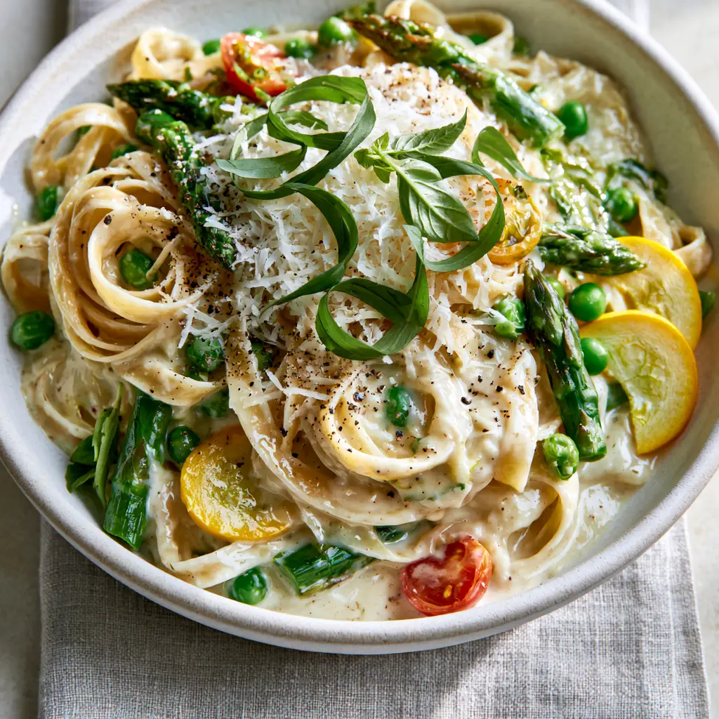 Pasta Primavera with Silky Parmesan Cream and Fresh Spring Vegetables 2 Smartphone photo of pasta primavera in a white stoneware bowl with silky sauce and basil ribbons.