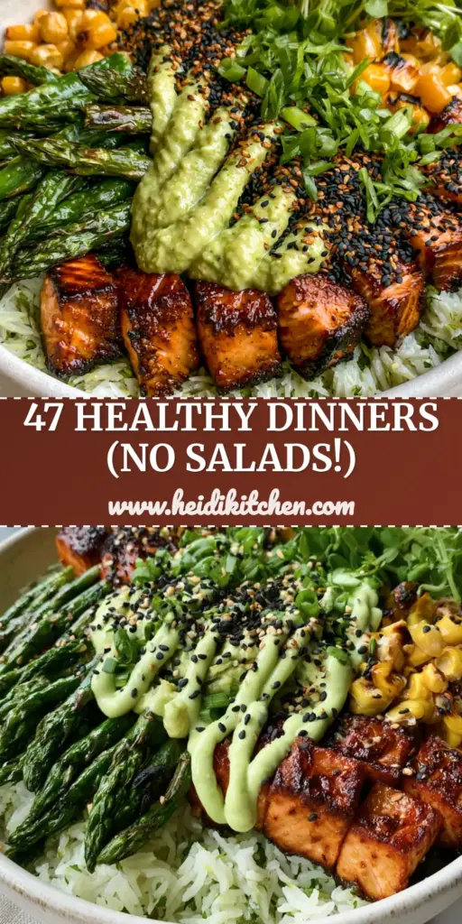 Healthy Dinner Ideas: Honey Garlic Salmon Bowls with Lemon-Cilantro Rice 4 A colorful salmon bowl with seared honey garlic cubes, asparagus, and charred corn. (Healthy dinner ideas)