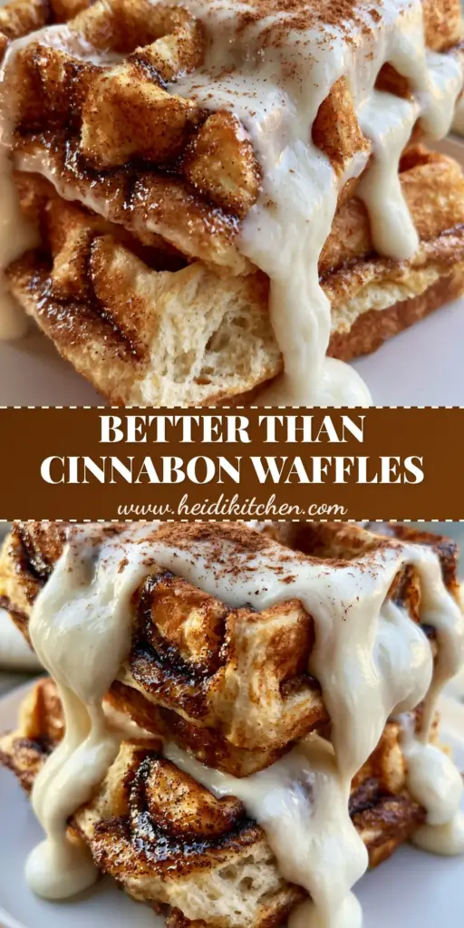 Cinnamon Waffles with Dark Sugar Swirls and Velvet Cream Cheese Glaze 4 A stack of two thick, golden-brown Belgian cinnamon waffles on a matte white plate, drizzled with thick cream cheese glaze and dark sugar swirls.