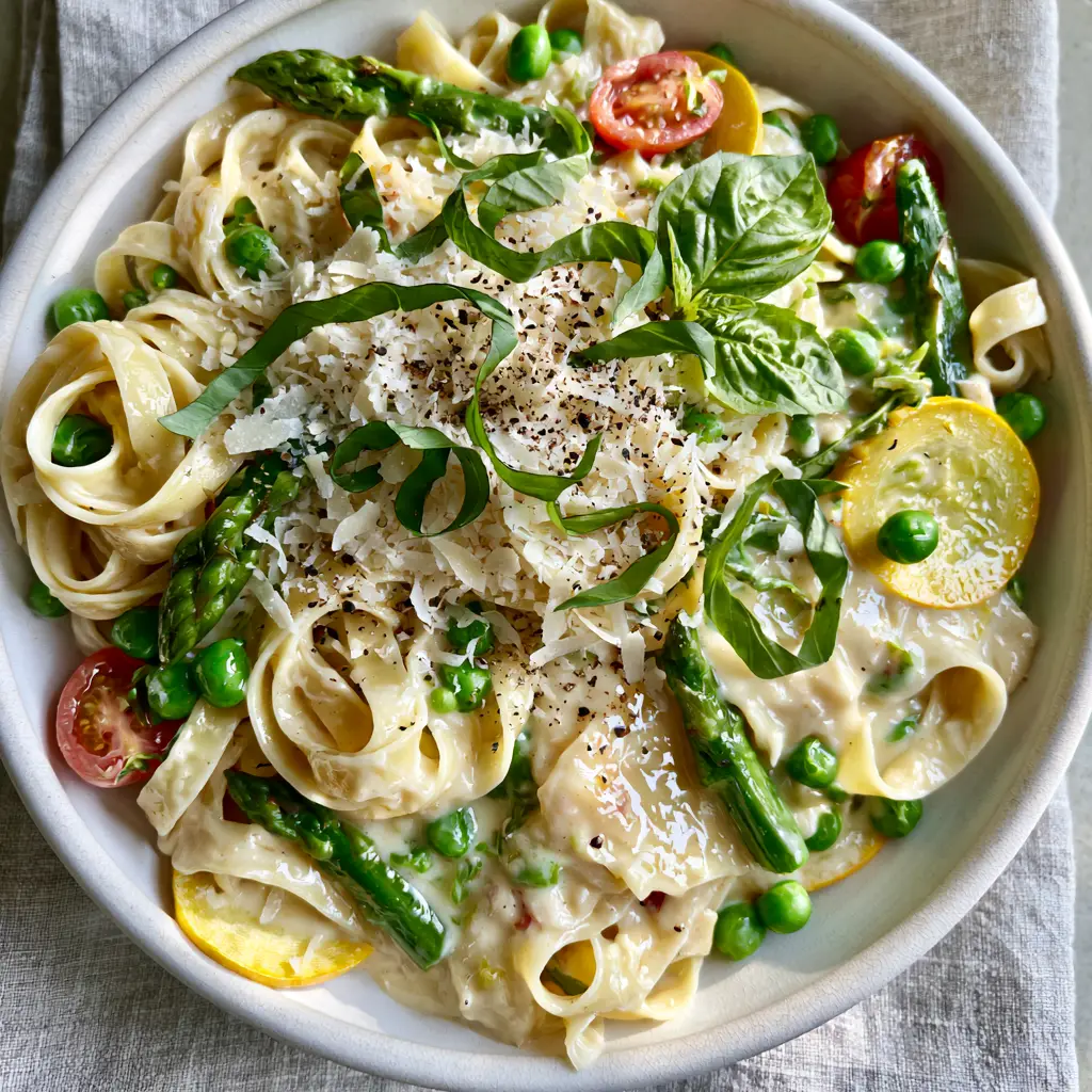 Pasta Primavera with Silky Parmesan Cream and Fresh Spring Vegetables 1 Overhead view of fettuccine ribbons with asparagus tips, peas, and a heavy snowfall of parmesan cheese.
