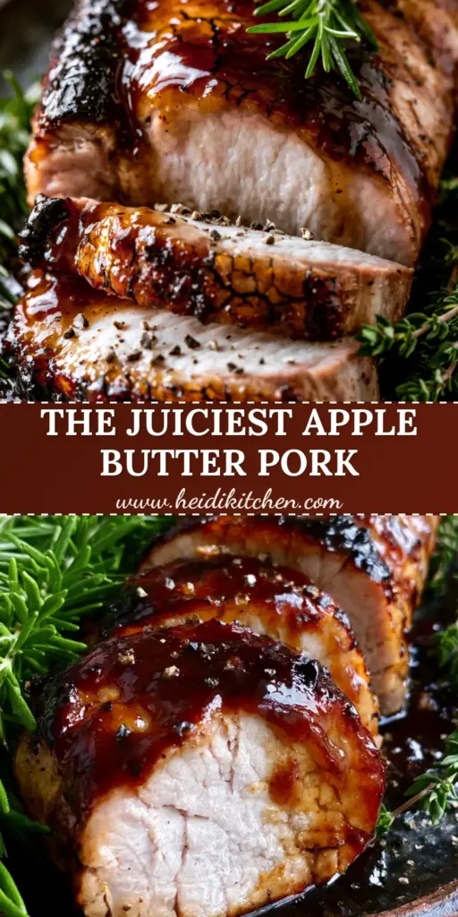Apple Butter Glazed Pork Tenderloin with a Caramelized Herb Crust 4 A close-up of sliced apple butter glazed pork tenderloin on a dark platter with fresh herbs and cracked pepper.