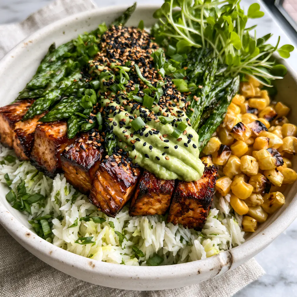 Healthy Dinner Ideas: Honey Garlic Salmon Bowls with Lemon-Cilantro Rice 2 A 45-degree angle shot of a healthy dinner bowl featuring crispy salmon cubes and lemon rice. (Healthy dinner ideas)