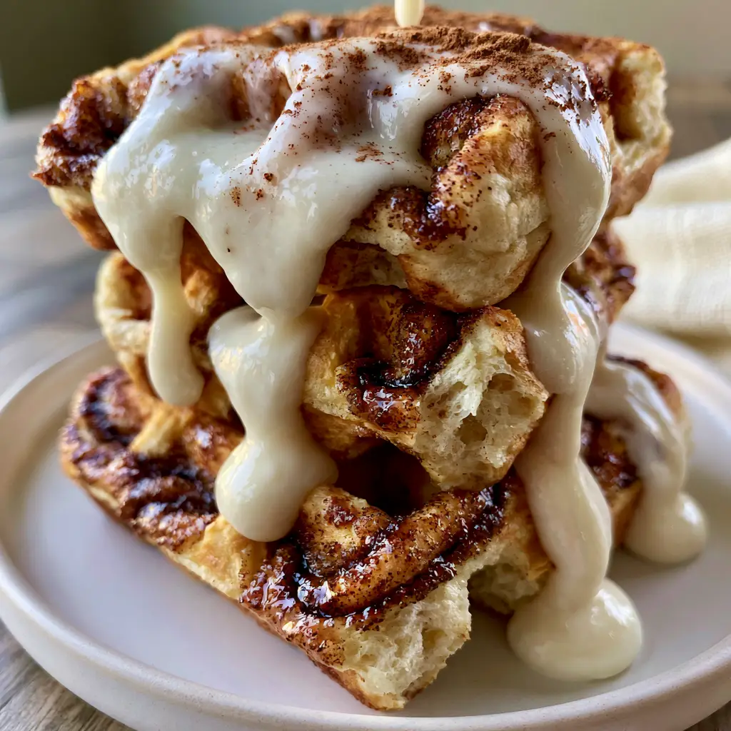 Cinnamon Waffles with Dark Sugar Swirls and Velvet Cream Cheese Glaze 2 Close-up of cinnamon waffles with deep crispy pockets and a thick velvet-white cream cheese glaze mid-pour.