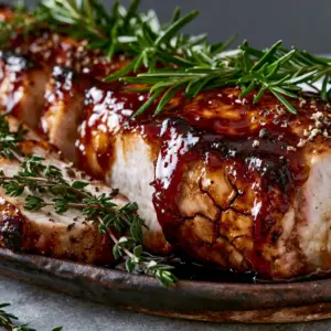 Macro photo of glistening amber glaze on seared apple butter glazed pork tenderloin slices.