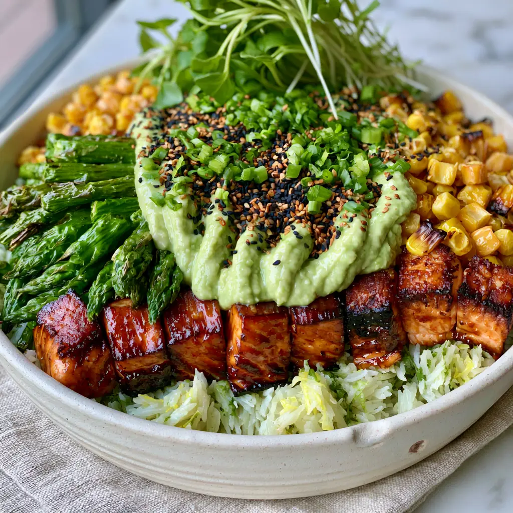 Healthy Dinner Ideas: Honey Garlic Salmon Bowls with Lemon-Cilantro Rice 1 Close up of charred sweet corn and blistered asparagus in a healthy dinner bowl.