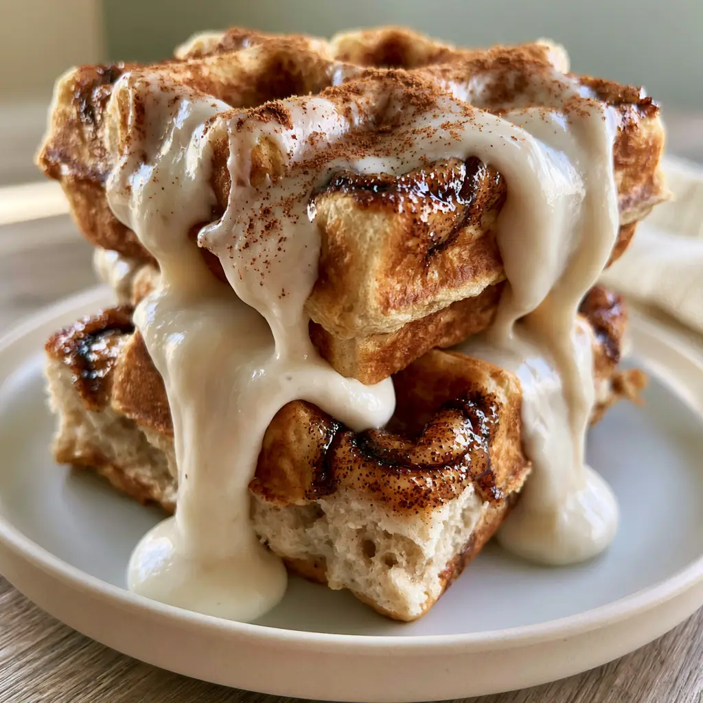 Cinnamon Waffles with Dark Sugar Swirls and Velvet Cream Cheese Glaze 1 Side view of a stack of cinnamon waffles on a matte white ceramic plate with morning sunlight highlighting the glaze drips.