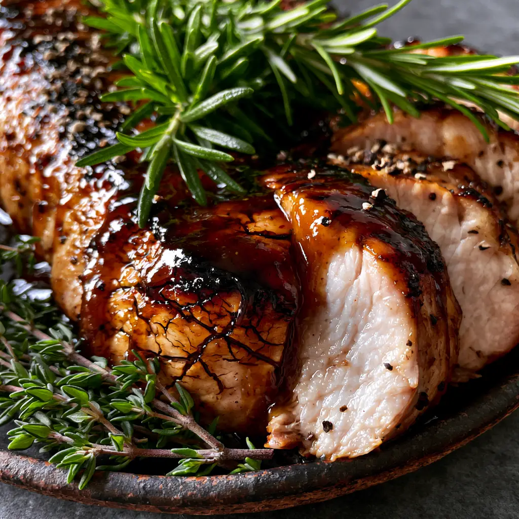 Apple Butter Glazed Pork Tenderloin with a Caramelized Herb Crust 1 Slices of apple butter glazed pork tenderloin revealing a moist interior and visible cracks in the caramelized crust.