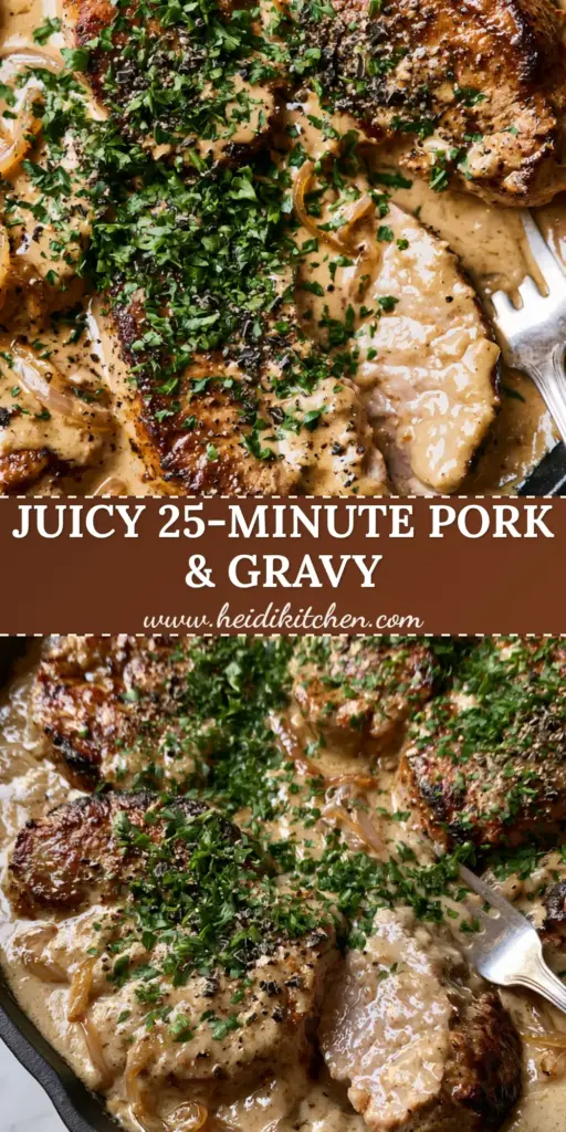 Pork Medallions in Onion Gravy: The Ultimate Cast Iron Comfort Meal 5 A cast iron skillet containing seared pork medallions in a creamy onion gravy topped with parsley and cracked black pepper. (pork medallions in onion gravy)