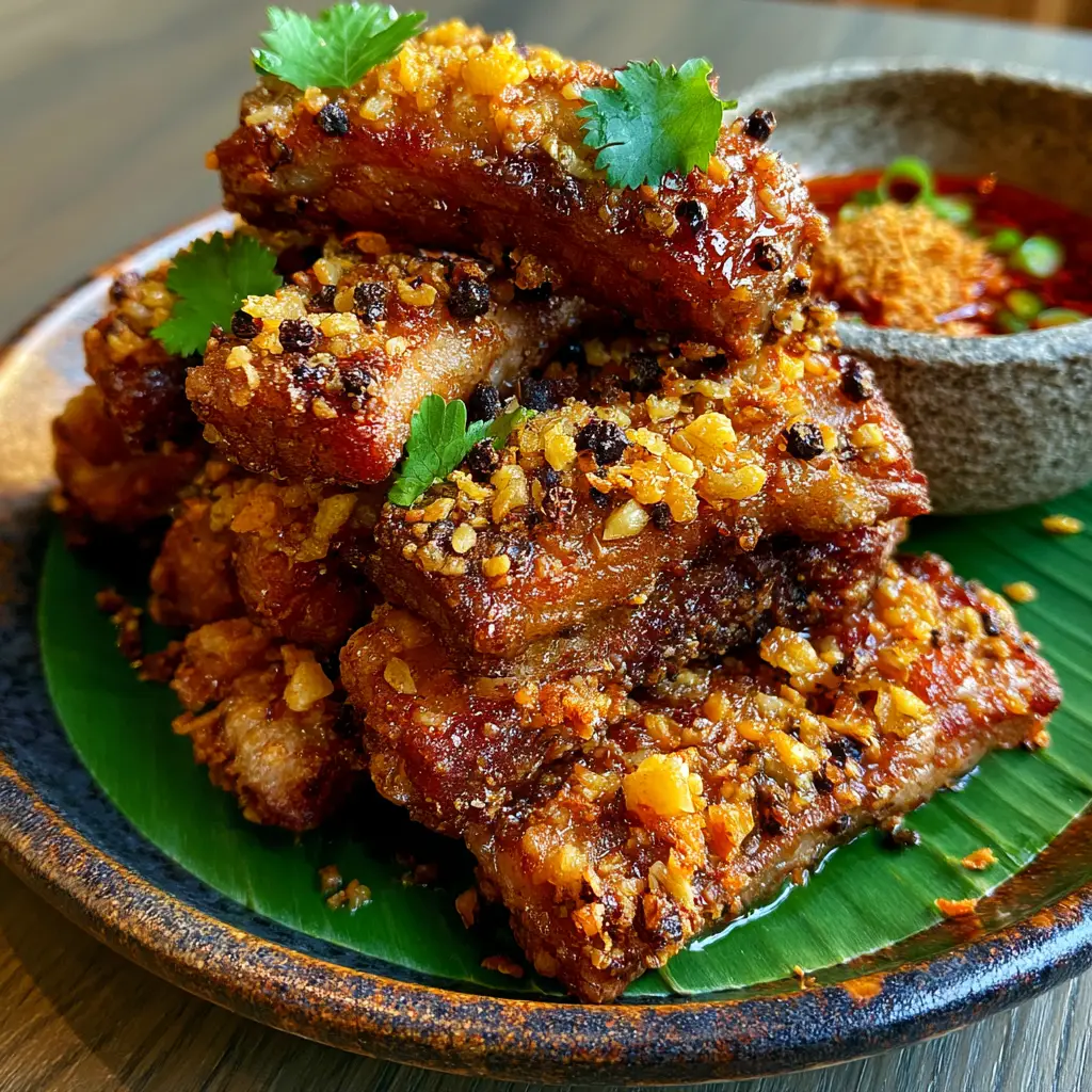 Thai Fried Pork (Moo Tod) with Crispy Garlic and Nam Jim Jaew 2 Close up of deep golden-brown Thai Fried Pork strips encrusted with garlic and peppercorns. (Thai Fried Pork)
