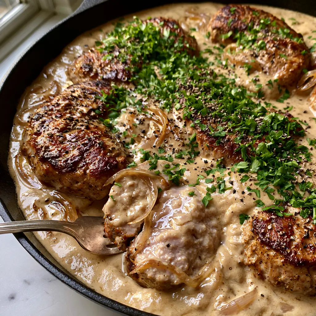 Pork Medallions in Onion Gravy: The Ultimate Cast Iron Comfort Meal 1 Slicing into a pork medallion to reveal a moist pale-pink interior in a cast iron skillet.