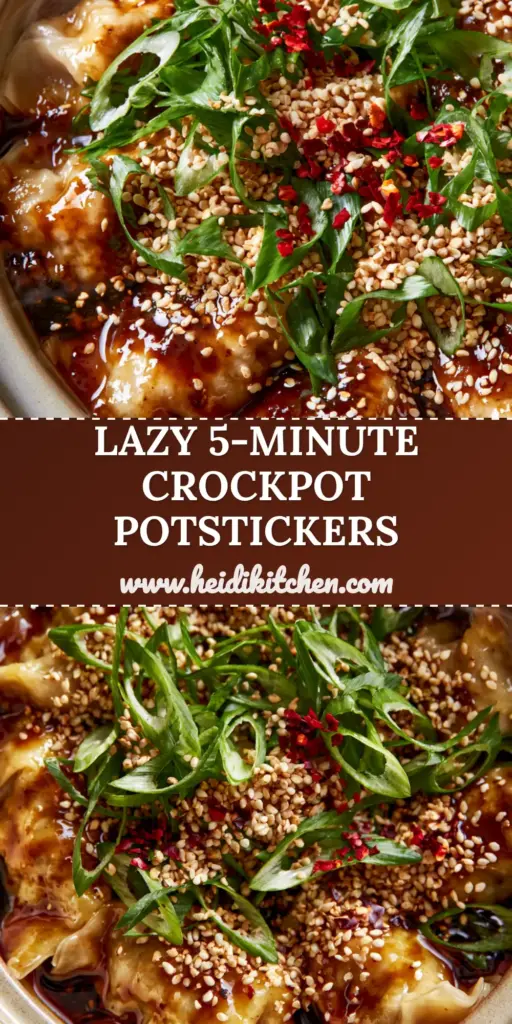 Crockpot Pork Potstickers with a Thick Soy-Ginger Glaze 4 A ceramic slow cooker filled with glistening crockpot pork potstickers in a thick amber glaze, topped with scallions and sesame seeds.