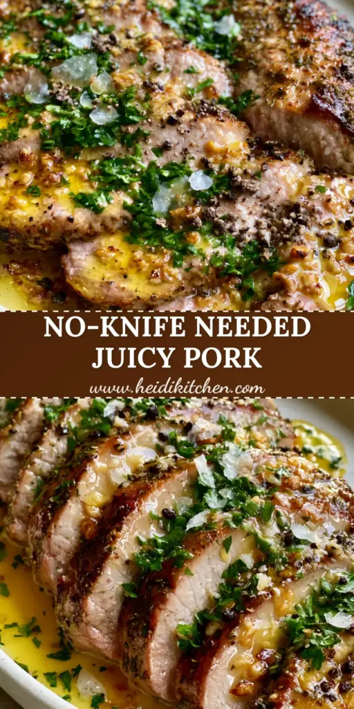 Tender Pork Recipe: Garlic Butter Seared Tenderloin with Toasted Garlic 3 A platter of sliced roasted pork tenderloin with a light pink center and glistening garlic butter sauce. (Tender Pork Recipe)