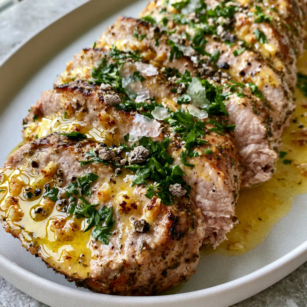 Tender Pork Recipe: Garlic Butter Seared Tenderloin with Toasted Garlic 2 Close-up of succulent pork slices with a golden sear and emerald green parsley garnish. (Tender Pork Recipe)