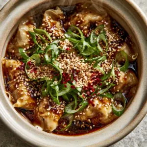 Overhead shot of plump pork potstickers in a dark soy-ginger glaze with steam rising. (crockpot pork potstickers)
