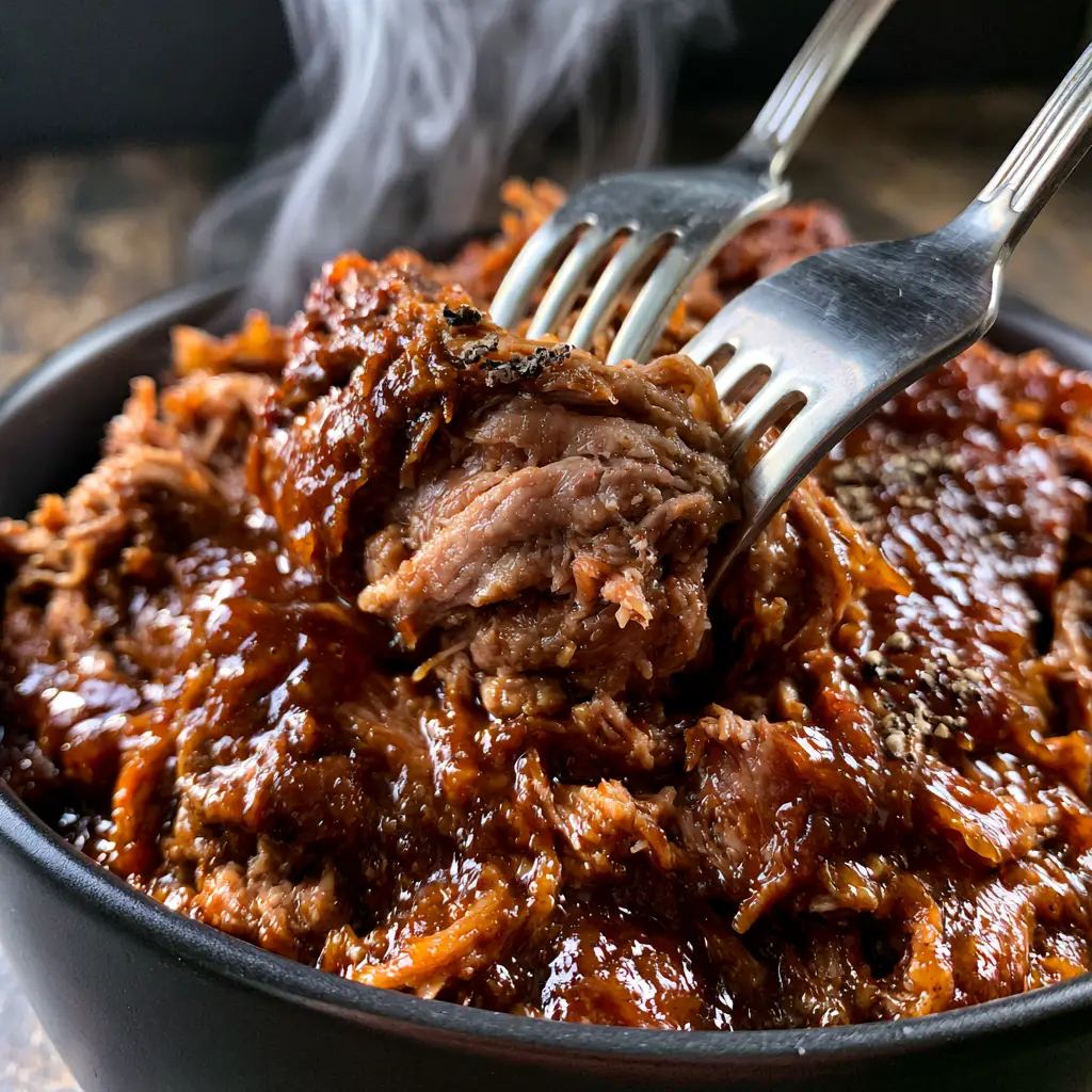 Root Beer Pork: The Ultimate Ultra-Succulent Shredded Shoulder 2 Close-up of succulent shredded root beer pork revealing juicy internal muscle fibers and a sticky caramelized glaze.