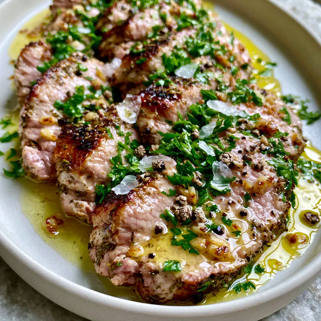 Tender Pork Recipe: Garlic Butter Seared Tenderloin with Toasted Garlic 1 Sliced roasted pork arranged on a matte off-white platter with shimmering highlights from natural side lighting. (Tender Pork Recipe)