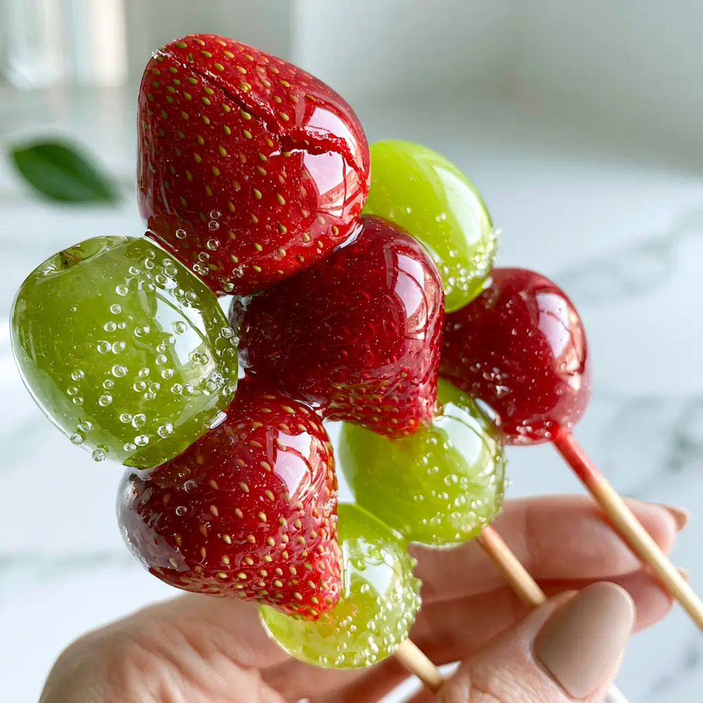 Tanghulu: The Ultimate Guide to Perfect Crystal-Clear Candied Fruit 1 Handheld photo of three Tanghulu skewers against a bright white marble kitchen background. (Tanghulu)