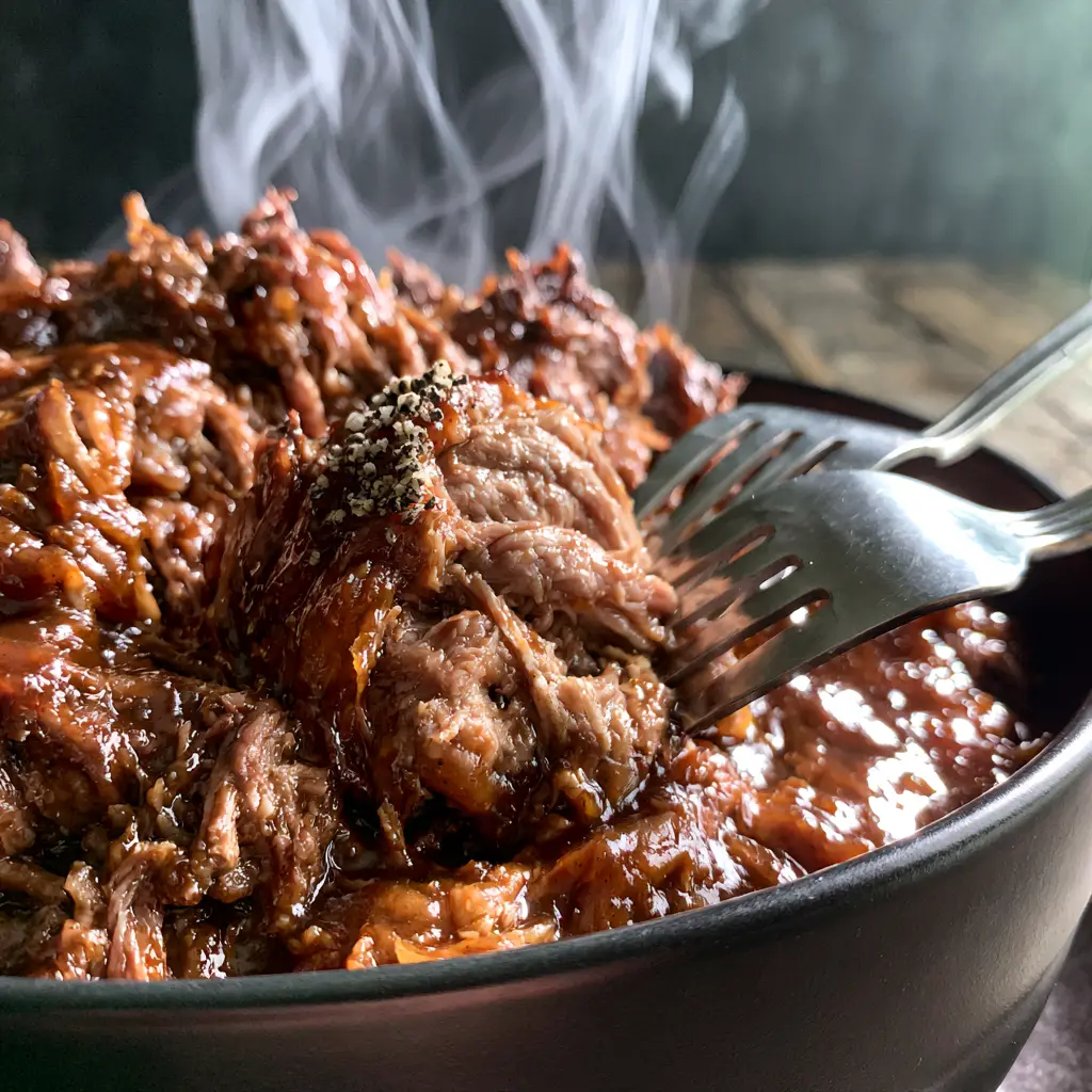 Root Beer Pork: The Ultimate Ultra-Succulent Shredded Shoulder 1 Root beer pork in a matte black bowl with wisps of steam and a syrupy mahogany glaze.