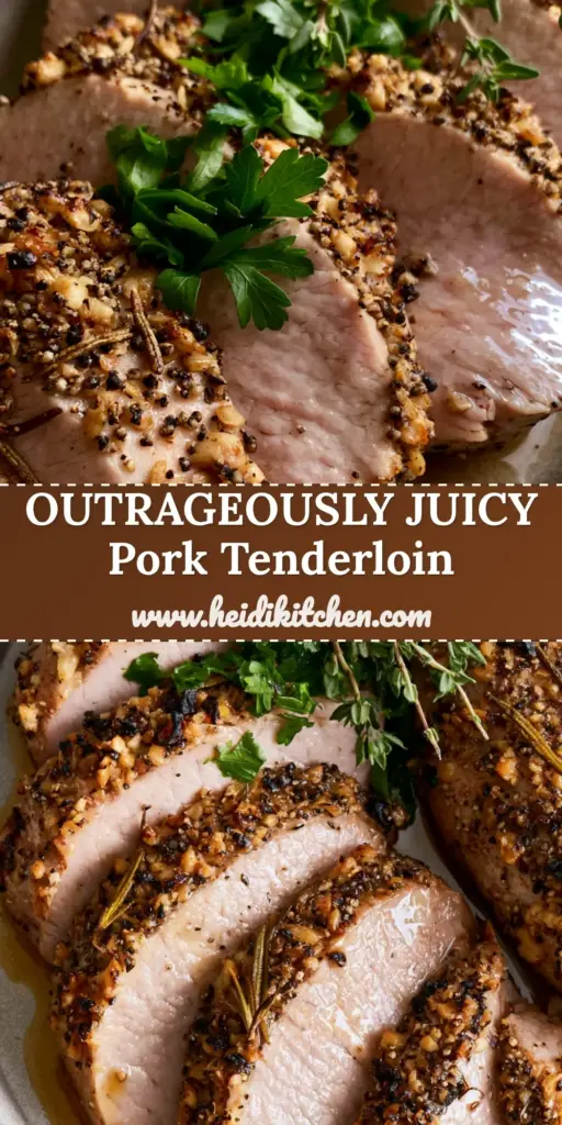 Herb Pork Tenderloin with a Golden Garlic and Rosemary Crust 4 A close-up of sliced herb pork tenderloin fanned on a stone plate with golden herb crust and fresh parsley. (herb pork tenderloin)