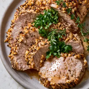 Top-down shot of succulent herb pork tenderloin slices fanned out with glistening juices and fresh herbs. (herb pork tenderloin)