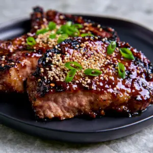 Close-up shot of thick-cut grilled pork chops with a translucent mahogany glaze and sesame seeds. (grilled pork sauce recipe)