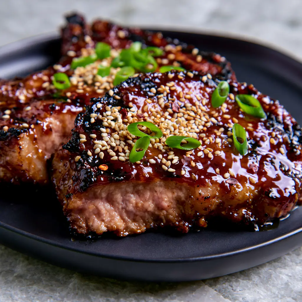 Grilled Pork Sauce Recipe: The Ultimate Mahogany Honey Garlic Glazed Chops 2 Close-up shot of thick-cut grilled pork chops with a translucent mahogany glaze and sesame seeds. (grilled pork sauce recipe)