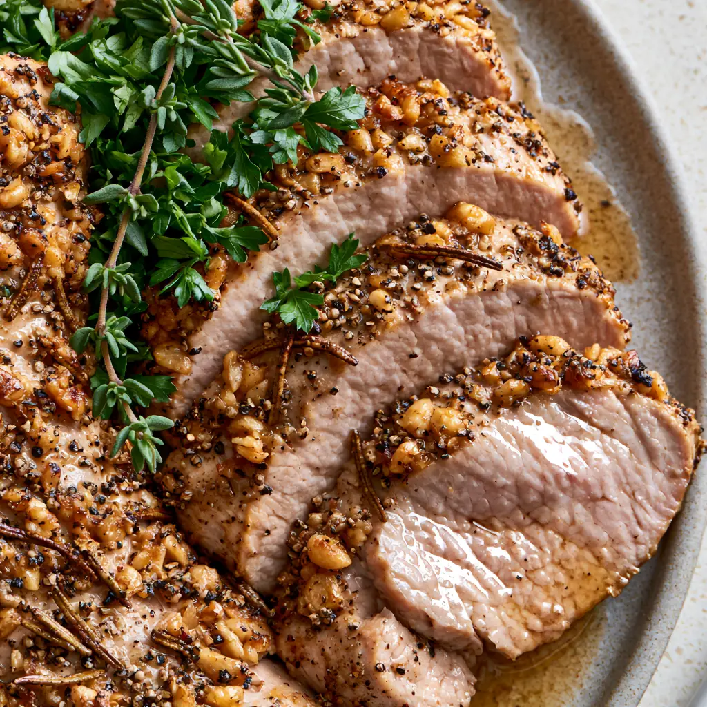 Herb Pork Tenderloin with a Golden Garlic and Rosemary Crust 1 Detailed view of golden-brown seared garlic and rosemary on herb pork tenderloin. (herb pork tenderloin)