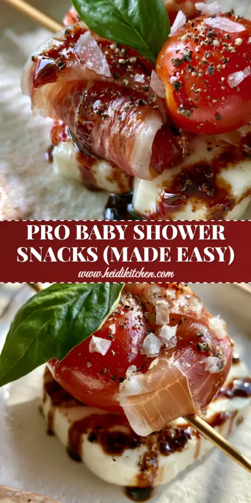 Baby Shower Food Ideas: Gourmet Prosciutto and Buffalo Mozzarella Caprese Skewers 4 A luxury appetizer platter for baby shower food ideas featuring Caprese skewers with buffalo mozzarella, prosciutto, and matte gold picks.