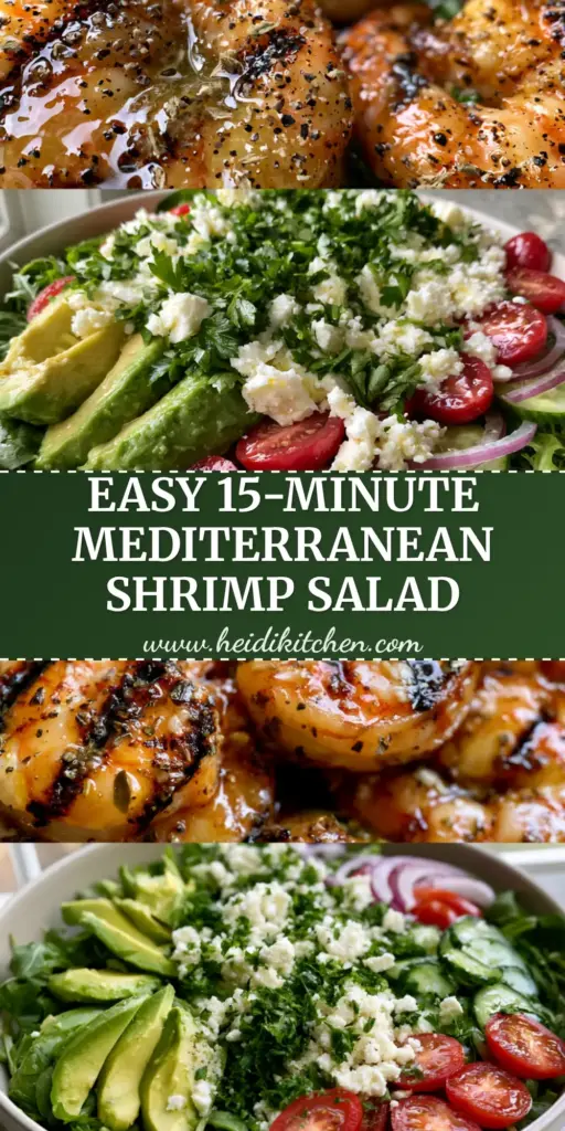 Grilled Shrimp Salad with Lemon-Garlic Butter and Mediterranean Greens 4 A Mediterranean grilled shrimp salad in a white bowl with avocado, tomatoes, and feta. (grilled shrimp salad)