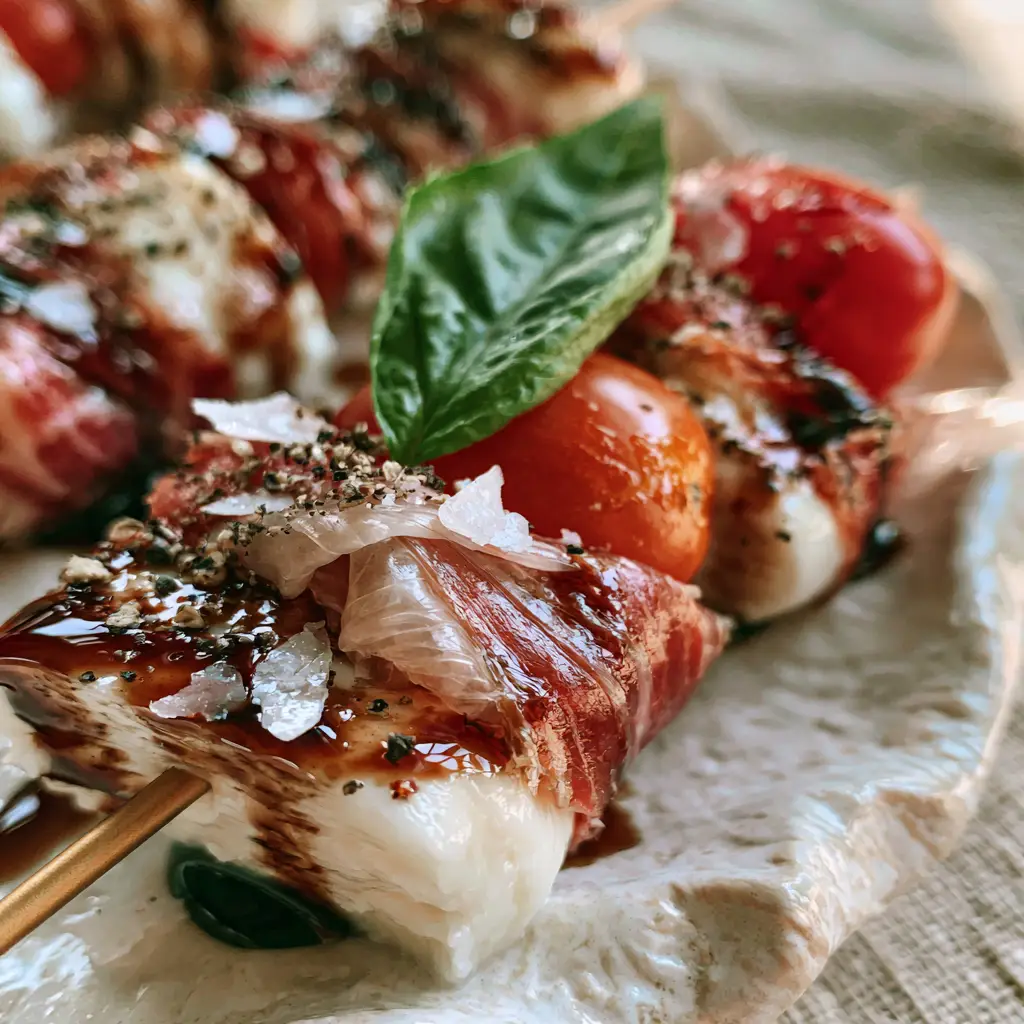Baby Shower Food Ideas: Gourmet Prosciutto and Buffalo Mozzarella Caprese Skewers 2 Top-down view of gourmet Caprese skewers on a textured white plate, a perfect example of baby shower food ideas.