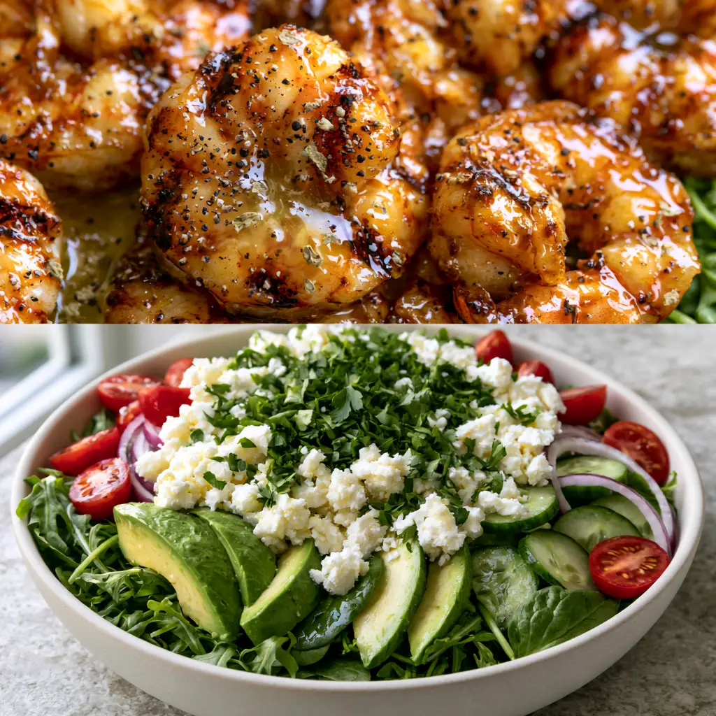 Grilled Shrimp Salad with Lemon-Garlic Butter and Mediterranean Greens 2 Macro shot of grilled jumbo shrimp with dark char marks and garlic butter glaze. (grilled shrimp salad)