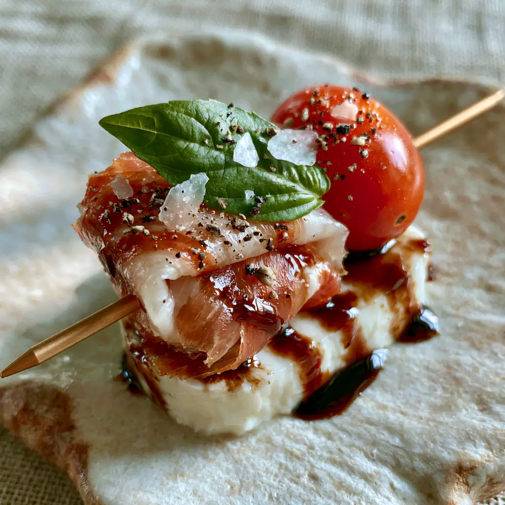 Baby Shower Food Ideas: Gourmet Prosciutto and Buffalo Mozzarella Caprese Skewers 1 Close-up of matte gold picks threading through folded prosciutto and creamy mozzarella for baby shower food ideas.