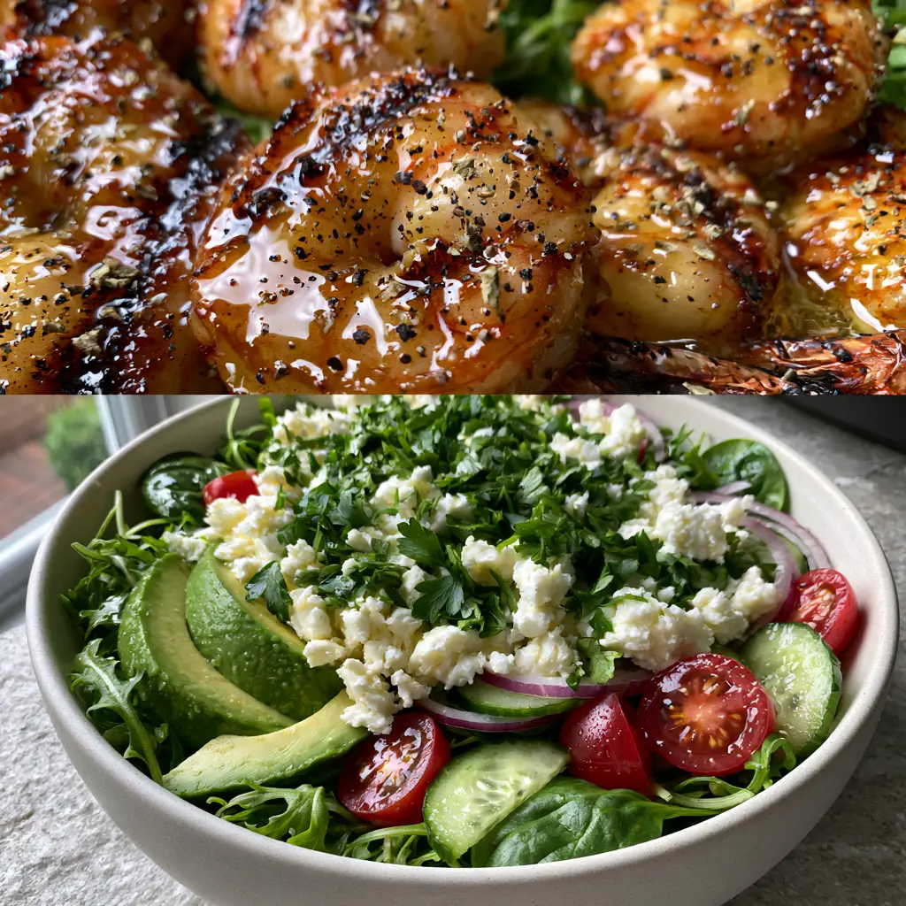 Grilled Shrimp Salad with Lemon-Garlic Butter and Mediterranean Greens 1 Full assembly of a Mediterranean grilled shrimp salad with feta and avocado. (grilled shrimp salad)