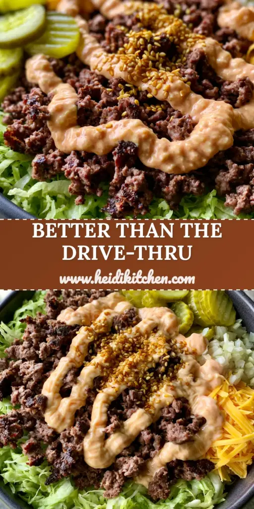 Big Mac Burger Bowls: The Ultimate Loaded Low-Carb Cheeseburger Feast 3 A gourmet Big Mac burger bowl with seared beef, melted cheddar, and a zig-zag of special sauce in a charcoal bowl.