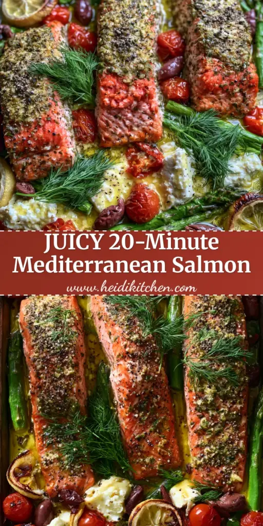 Mediterranean Baked Salmon Recipe with Blistered Tomatoes and Feta 4 A top-down shot of a Mediterranean Baked Salmon Recipe on a rustic sheet pan with asparagus and tomatoes.