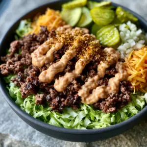 Top-down view of a Big Mac burger bowl showing caramelized beef edges and bright green iceberg lettuce.