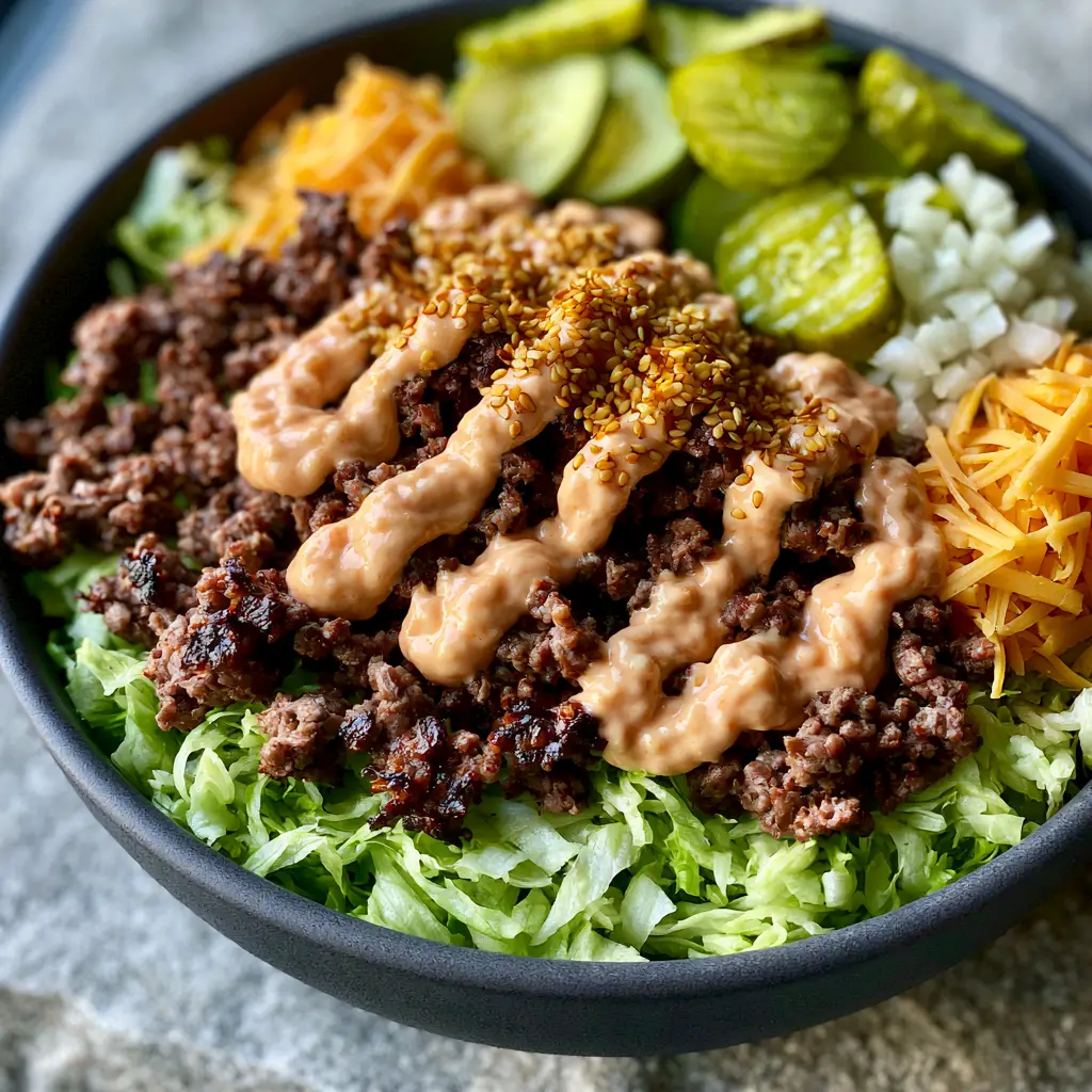 Big Mac Burger Bowls: The Ultimate Loaded Low-Carb Cheeseburger Feast 2 Top-down view of a Big Mac burger bowl showing caramelized beef edges and bright green iceberg lettuce.