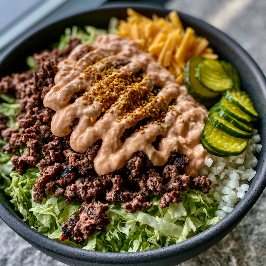 Big Mac Burger Bowls: The Ultimate Loaded Low-Carb Cheeseburger Feast 1 Close up of the creamy orange secret sauce drizzled over Big Mac burger bowl ingredients.