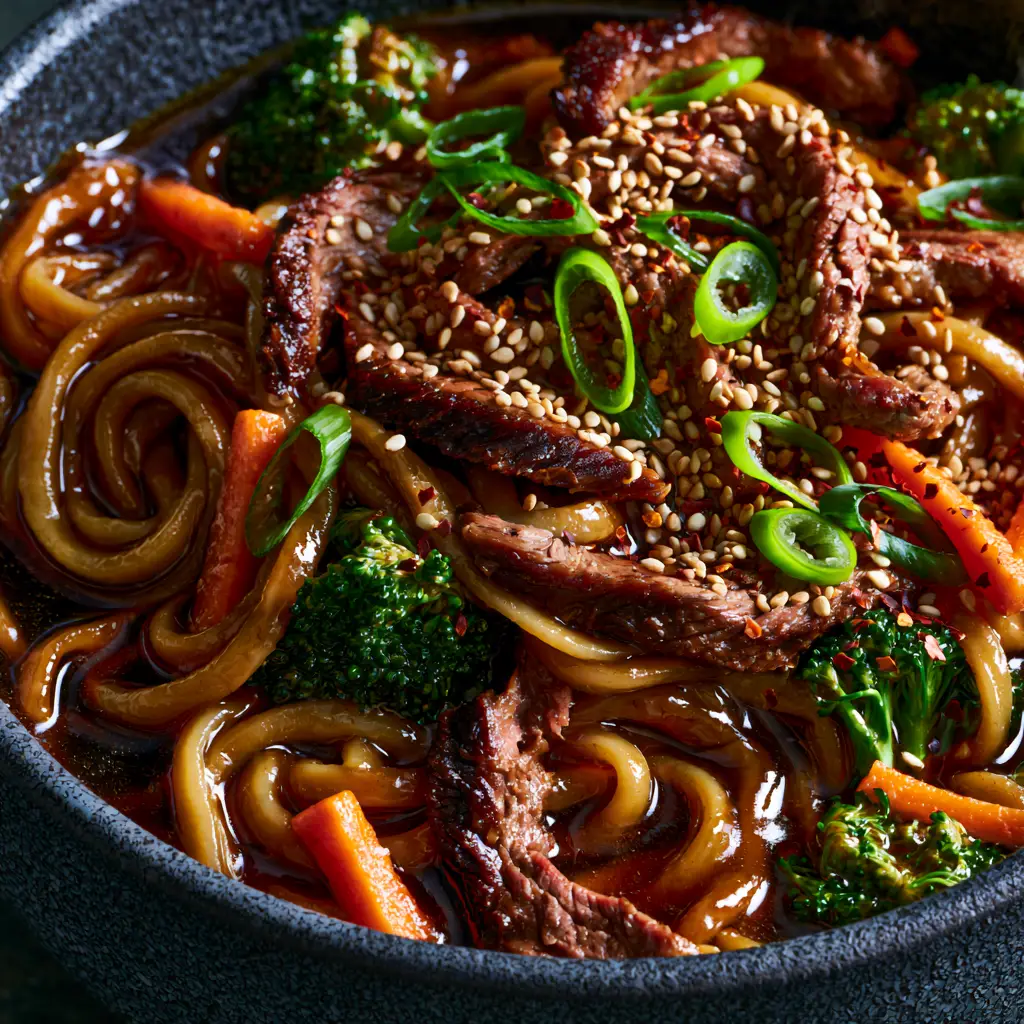 Asian Dinner Recipes: Master the Art of Caramelized Beef Lo Mein 2 Extreme macro close-up of glossy lo mein noodles with seared steak and sesame seeds. (Asian dinner recipes)