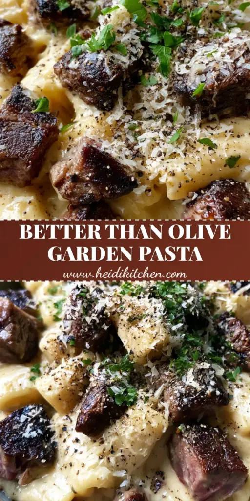 A close-up shot of Beef With Pasta in Creamy Garlic Sauce featuring seared steak bites, rigatoni, and fresh parsley in a grey bowl.