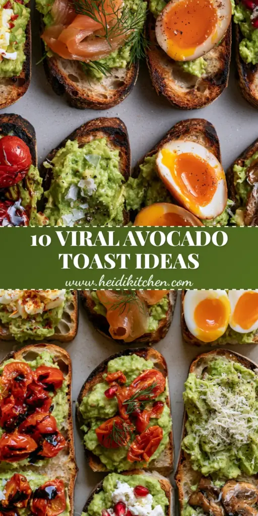 A vertical collage of various gourmet avocado toast ideas with toppings like jammy eggs, smoked salmon, and pomegranate seeds.