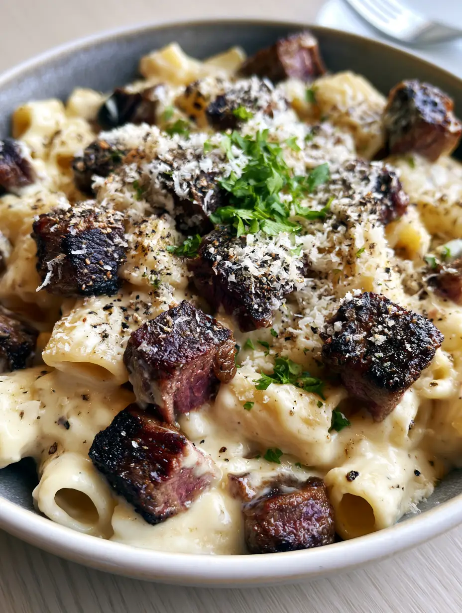 High-angle view of Beef With Pasta in Creamy Garlic Sauce showing the glossy ivory sauce and caramelized beef crust.
