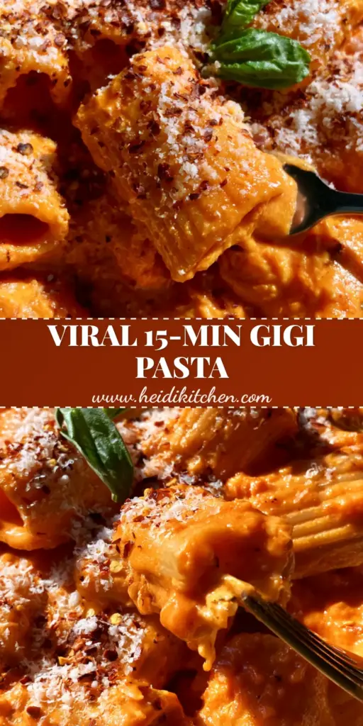 A close-up of Gigi Hadid creamy pasta featuring large rigatoni tubes in a glossy orange-red sauce topped with parmesan and basil.