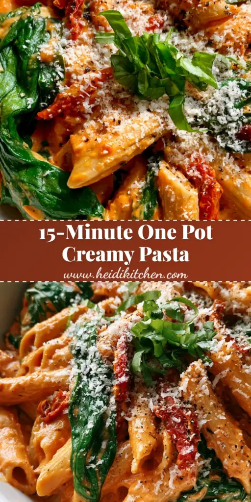 A close-up of Creamy Tomato Spinach Pasta in a white bowl showing vibrant orange-red sauce and wilted green spinach.