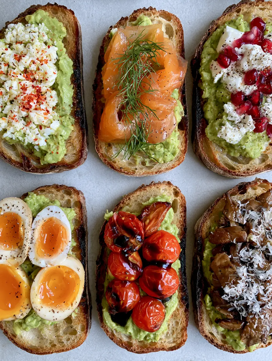 Top-down flat lay showing ten unique avocado toast ideas on a micro-cement surface with natural lighting. (avocado toast ideas)