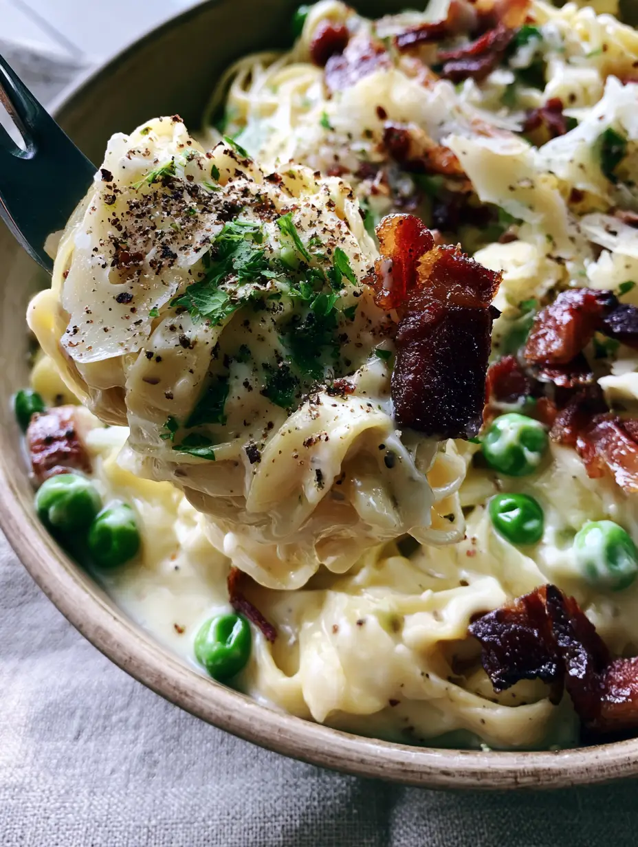 Extreme close-up of a fork twirling fettuccine coated in velvety white Parmesan sauce with crispy pancetta and emerald peas.