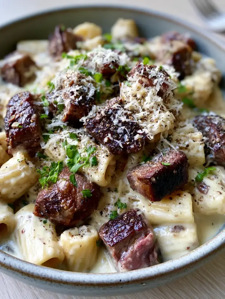 Close-up detail of seared steak bites and melted parmesan on Beef With Pasta in Creamy Garlic Sauce.