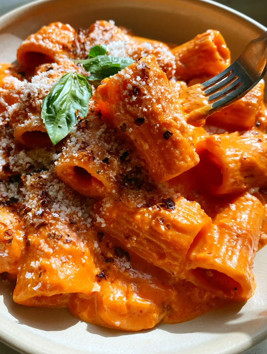 Extreme macro close-up of Gigi Hadid creamy pasta sauce clinging to rigatoni ridges.