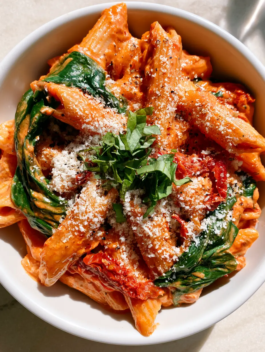 Top-down view of Creamy Tomato Spinach Pasta with al dente penne and a glossy orange-red cream sauce. (Creamy Tomato Spinach Pasta)