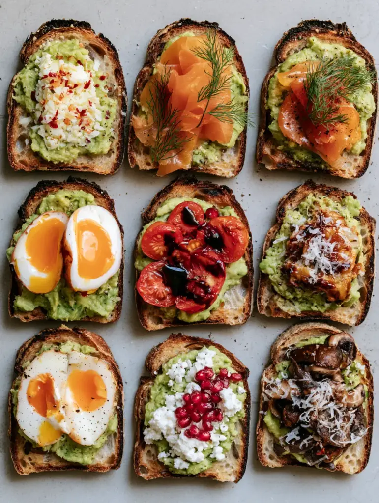 Close up of jammy soft-boiled eggs and blistered tomatoes on chunky avocado toast. (avocado toast ideas)
